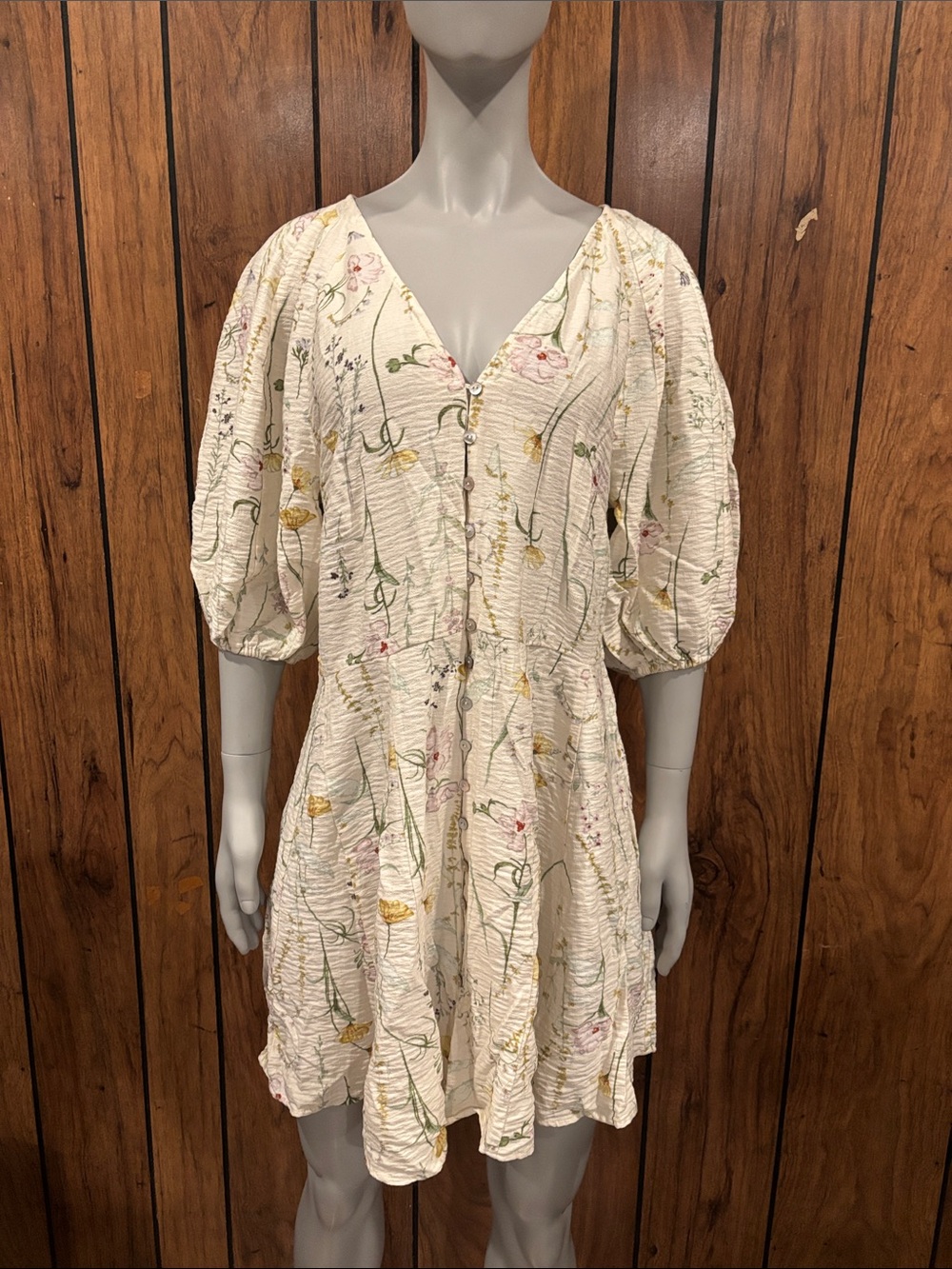 H&M Cream Floral Button-Front Midi Dress with Puff Sleeves